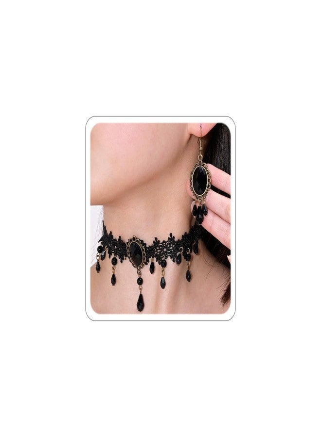 Todenb Goth Black Choker Earrings Set Witch Accessories for Women Black Lace Choker Vintage Velvet Necklace Costume Gothic Vampire Necklaces Halloween Jewelry A-Black - Image 1